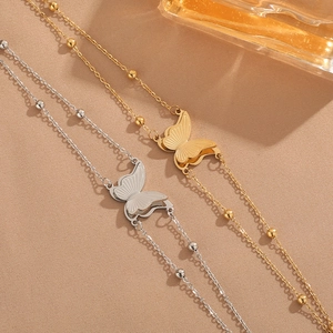 Simple Stainless Steel Double Layer Butterfly Bracelet Necklace For Women Minimalist Butterfly Pendant Bead Chain Jewelry Gift
