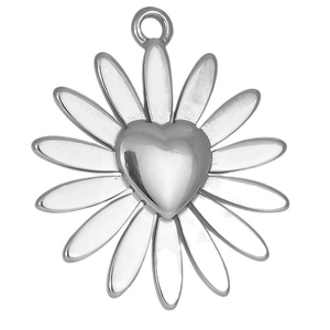 Minimalist silver 304 stainless steel daisy pendant with heart center on white background
