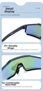Detail of outdoor cycling sunglasses featuring durable metal hinges and soft nose pads