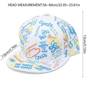 Graffiti snapback hat size guide showing adjustable 56-60cm circumference and 7cm brim
