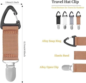 Detailed view of elastic hat clip for travel with 12.5cm size markings and alloy carabiner