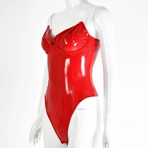 Detailed view of red glossy PU bodysuit with clear straps and high cut design