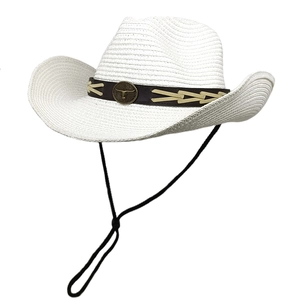Classic white woven western cowboy hat with decorative bullhead emblem and chin strap