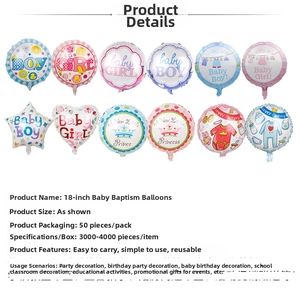 Detailed grid of 18-inch baby shower foil balloons with blue and pink patterns