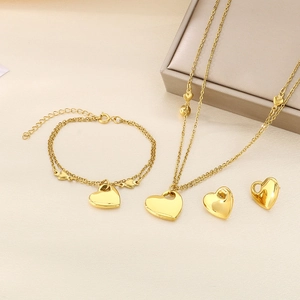 Elegant 18K gold plated stainless steel jewelry set with heart necklace, bracelet and earrings