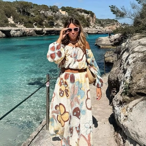 Damen Polyester Abstrakter Blumendruck Schulterfreies Langarm Crop Top Und Maxi Rock Hohe Taille Strand Urlaub Bohemian