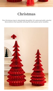 Detail view of red honeycomb paper Christmas tree ornaments in various sizes for decor