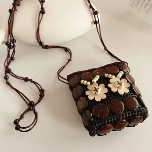 Handmade Coconut Shell Flower Mini Bag Necklace Bohemian Ethnic Style Woven Wood Bead Long Rope Accessory For Women