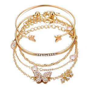 Set di 5 bracciali a farfalla dorati con cristalli scintillanti e catene regolabili