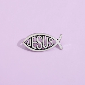 Minimalist silver alloy fish-shaped Jesus brooch with hollowed-out letter design