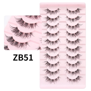 ZB51 natural long false eyelashes 10 pairs set with transparent line and pink tray