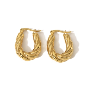 18K gold plated stainless steel twisted rope C-shape hoop earrings on white background
