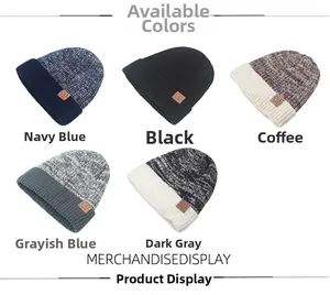 Detail of five assorted ribbed knit beanies with premium C.O. leather brand patches