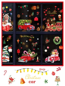 Detail of watercolor Christmas window clings with vintage red truck and gingerbread house