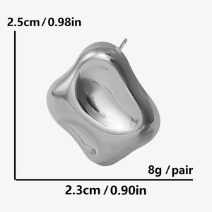 Detailed size chart showing dimensions 2.5x2.3cm and 8g weight for irregular stud earrings