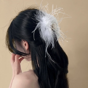Elegant White Ostrich Feather Hair Claw Clip Large Fluffy Shark Clip Fairy Hair Accessory For Women Party Wedding