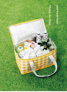Detail of insulated picnic bag with thick aluminum lining and cold drinks on grass