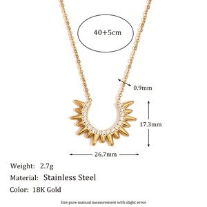 18K gold plated stainless steel U-shaped sunburst pendant necklace with white zircon