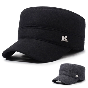 Men Cadet Hat Winter Warm Woolen Flat Top Cap Foldable Ear Flaps Windproof Outdoor Adjustable Military Style Metal Logo