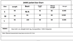Size guide for women's long sleeve jacket with button detail in S, M, and L sizes