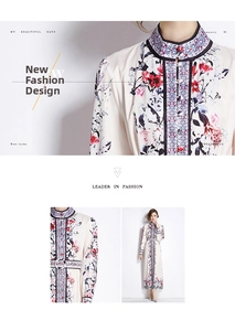 Detail of stand collar and floral print on long sleeve palace style dress with belt