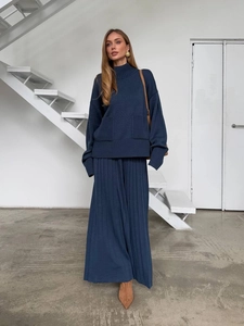 Women's dark blue knitted two-piece set with loose sweater and wide-leg pants