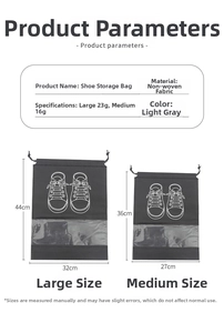 Detailed size comparison of medium and large grey non-woven travel shoe storage bags