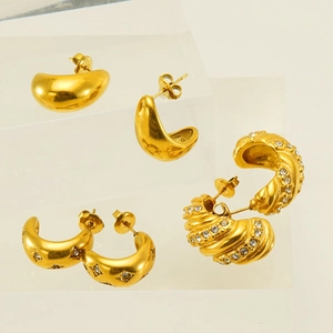 18K gold plated stainless steel C-shaped hoop earrings in three textured designs