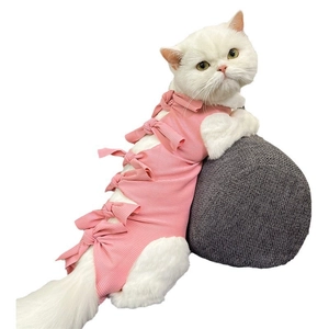 Pink cat recovery suit with adjustable back ribbons for after surgery or weaning wear