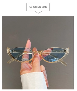 Close-up of cat-eye sunglasses with transparent yellow frame and light blue lenses