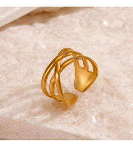 Detail of golden intertwined multi-layer ring with polished metal texture and open design