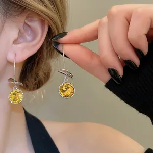 Yellow Round Rhinestone Dangle Earrings Silver Alloy Long Hook Jewelry For Women Elegant Chic Fashion