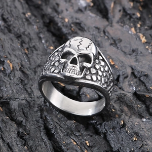 Punk style skull ring for men with vintage black and silver textured stainless steel