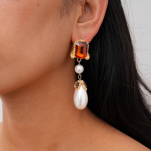 Vintage Long Drop Earrings With Rectangular Amber Gemstone Faux Artificial Pearl And Silver Earring Post