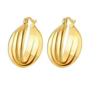 Classic triple-hoop stainless steel earrings with interlocking twisted design in gold