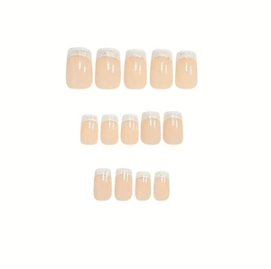 Classic white French press-on nails with silver glitter gradient in medium square shape