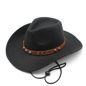Detail of black wool fedora featuring a brown leather band with silver studs and chin cord