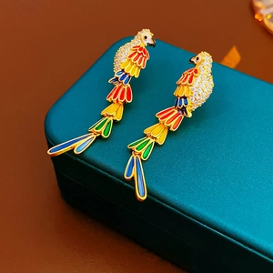 Detailed close-up of colorful parrot stud earrings with gold plating and enamel inlay