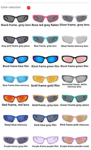 Detailed catalog showing Y2K steampunk sports sunglasses in 21 vibrant color combinations
