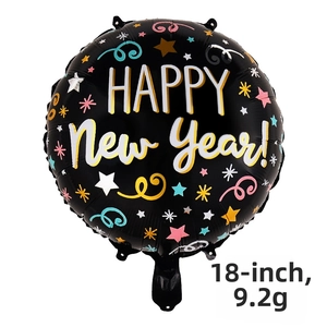 18-inch black and gold Happy New Year round foil balloon with stars and swirl patterns