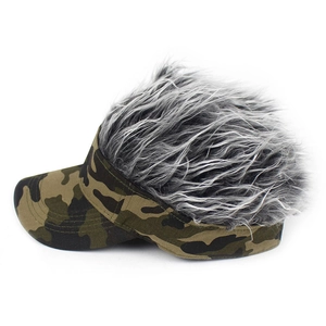 Detail of a camouflage sun visor with grey synthetic hair for novelty costume parties