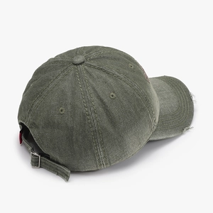 Olive green washed cotton baseball cap with distressed brim and metal back buckle