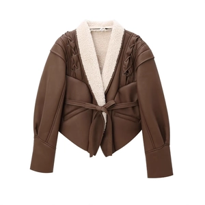 Giacca Vintage In Pelle PU Da Donna Con Fodera In Lana D'agnello Stringata Spalla Stile Moto