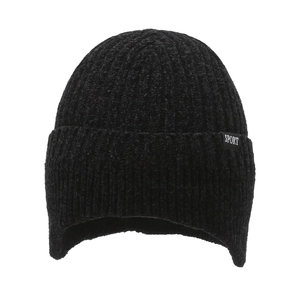 Men's winter chenille knit earflap hat in black with sport label and warm thick lining