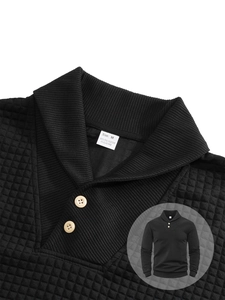 Detail of black polo sweatshirt showing checkered quilted texture and neck collar label