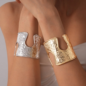 Hammered Metal Cuff Bracelet Hollow Circular Open Bangle Statement Jewelry Minimalist Punk Style For Women