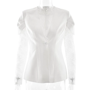 Elegant white slim-fit blazer for women with lace sleeves and single-button V-neck design