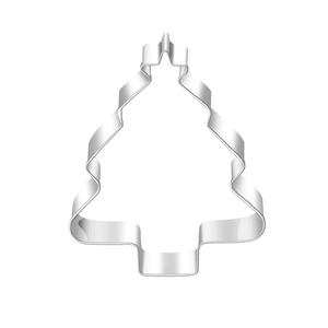 Detail of Christmas tree shaped stainless steel cookie cutter for holiday baking decoration