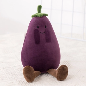 Cute eggplant plush toy with purple fabric and smiling face on a soft woven background