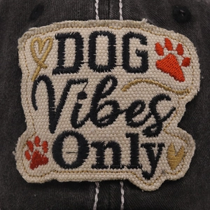 Detail of Dog Vibes Only embroidered patch on vintage washed cotton baseball cap